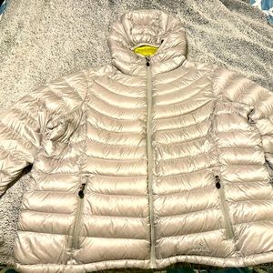 L.L. Bean women’s Downtek water repellent stow away down hooded jacket.